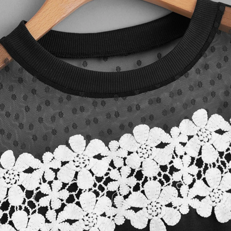Dotfashion черная сетчатая открытая вязаная футболка Летняя одежда для женщин элегантные женские топы с коротким рукавом модная футболка