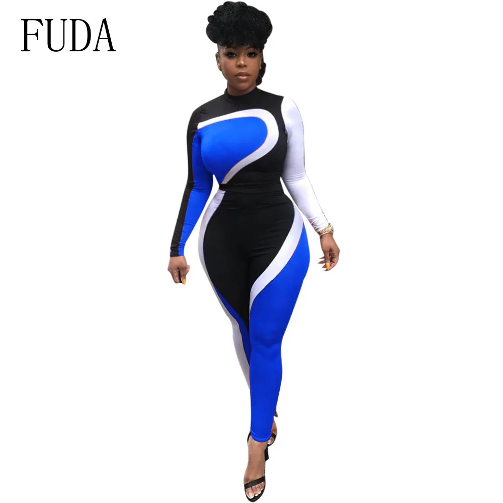 FUDA Autumn Casual Patchwork Long Sleeve Women Playsuits Rompers Womens Jumpsuit Bodycon Bodysuit One Piece Pants Overalls