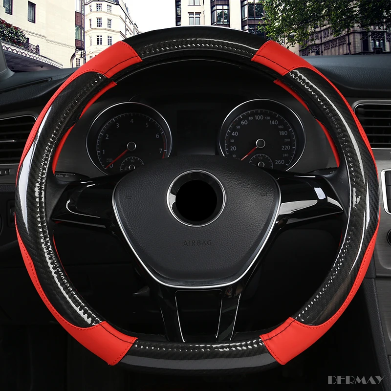 DERMAY D форма рулевого колеса черный авто чехол рулевого колеса автомобиля кожа 38 см крышка колеса аксессуары для интерьера - Название цвета: Красный