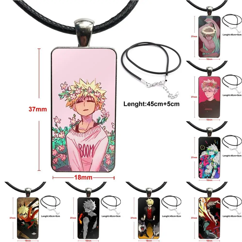 

For Child Fashion Glass Cabochon Pendant Necklace Women Stainless Steel Color Choker Rectangle Necklace Bakugou Katsuki