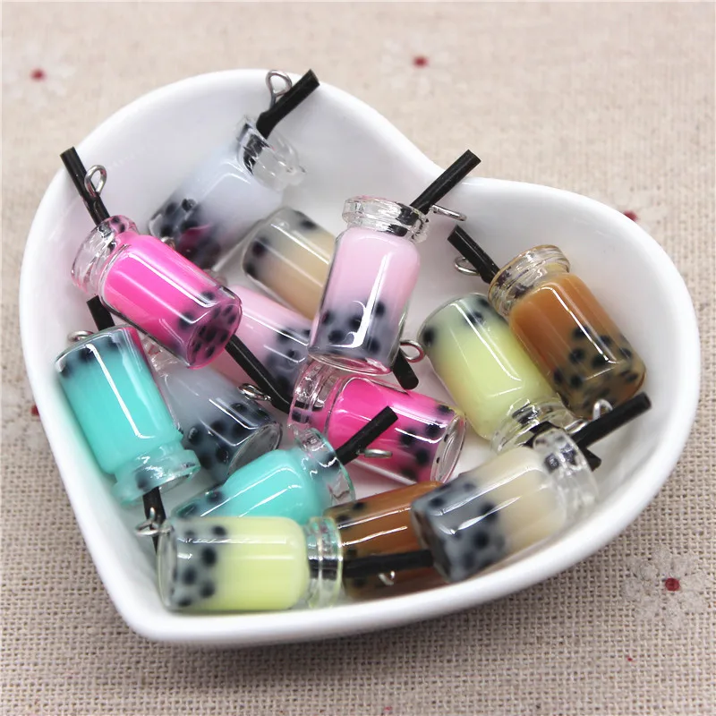 10pcs New Mix Colors 3D Mini Glass Bubble Milk Tea Sippy Cup Iron Hook DIY Craft/Jewelry Accessory,10*18mm