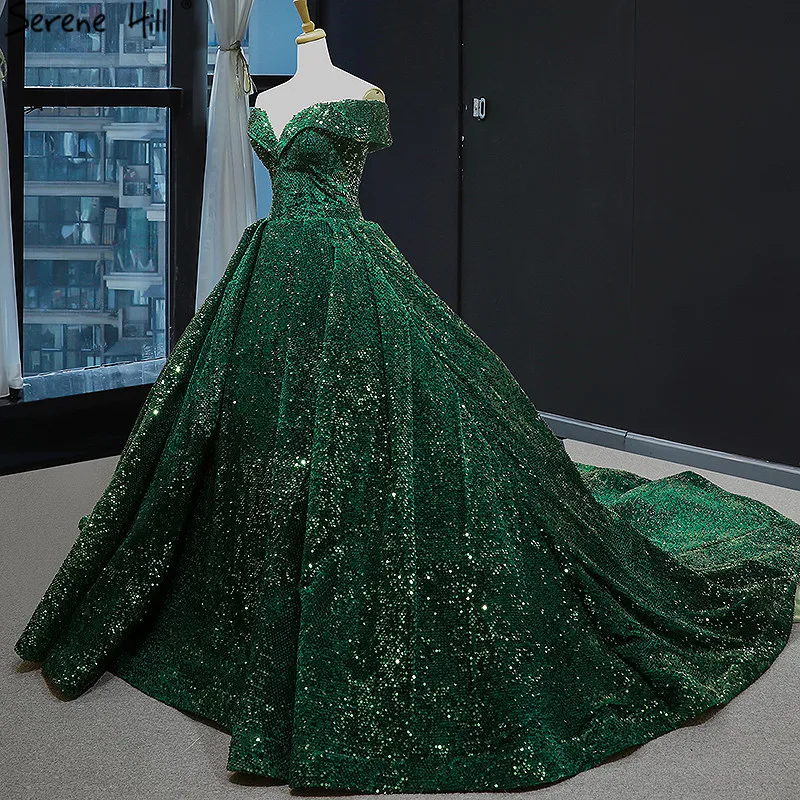

Latest Design Green Off Shoulder Wedding Dress 2019 Sleeveless Luxury Lace Sequined Bridal Gowns Serene Hill 66742 Custom Made