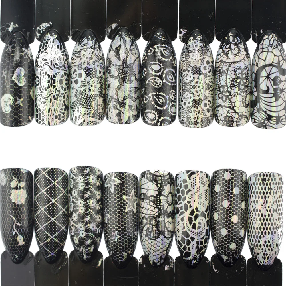 Buy 16 Designs Nali Foils Sets Laser Glitter Transparent White Lace Nail Art