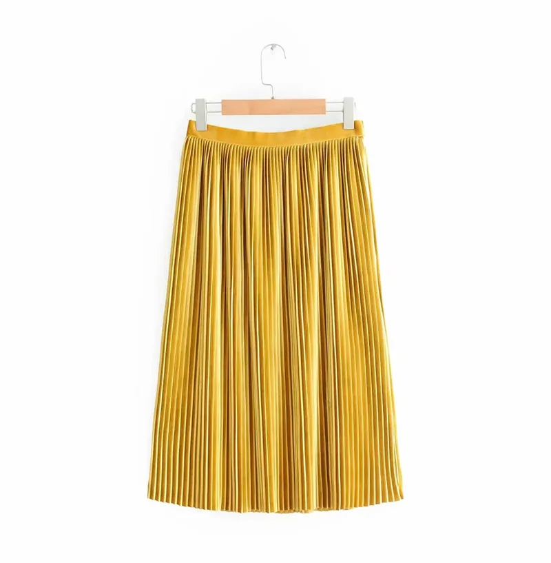 Aelegantmis Весна Лето Новая модная бархатная плиссированная юбка женская Повседневная велюровая юбка миди Женская эластичная юбка с высокой талией - Цвет: yellow
