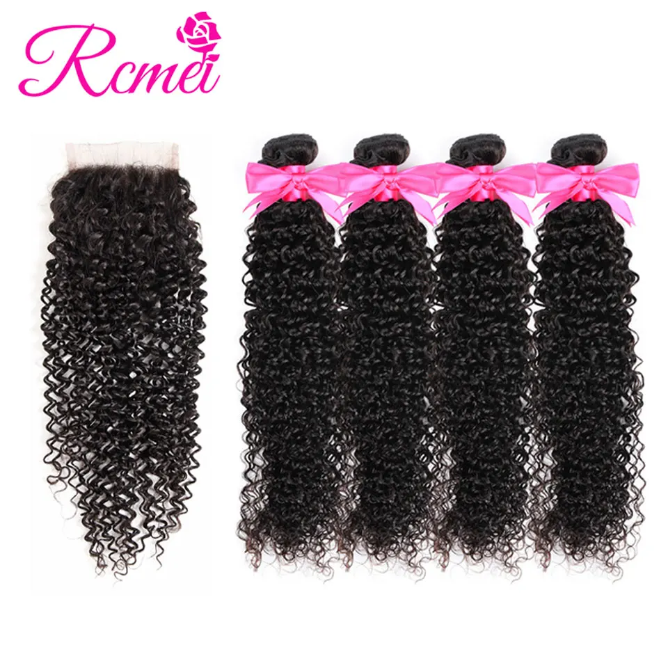 Rcmei Curly Hair Brazilian Kinky Curly Bundles WIth clousre Non Remy Afro Hair 4 Bundles With Lace Closure Human Hair Extensions