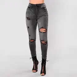 Новинка 2017 года черный Для женщин Высокая Талия Длинные джинсы Брюки для девочек Женская мода ручная стирка Зауженные джинсы Для женщин