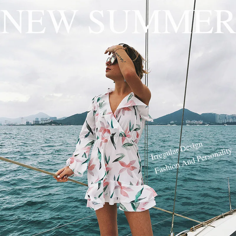 Floral Sexy Beach Dress long Sleeve Irregular Women Summer Dress Ruffles Sash Bow Tied Elegant Clothes Vestidos  1