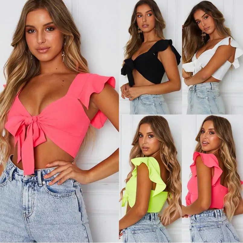 Latest Popular Women Short Ruffled Sleeve Crop Top Front Knot Tie Ladies Casual Plain Tanks Tops Summer Short Tops with Bow