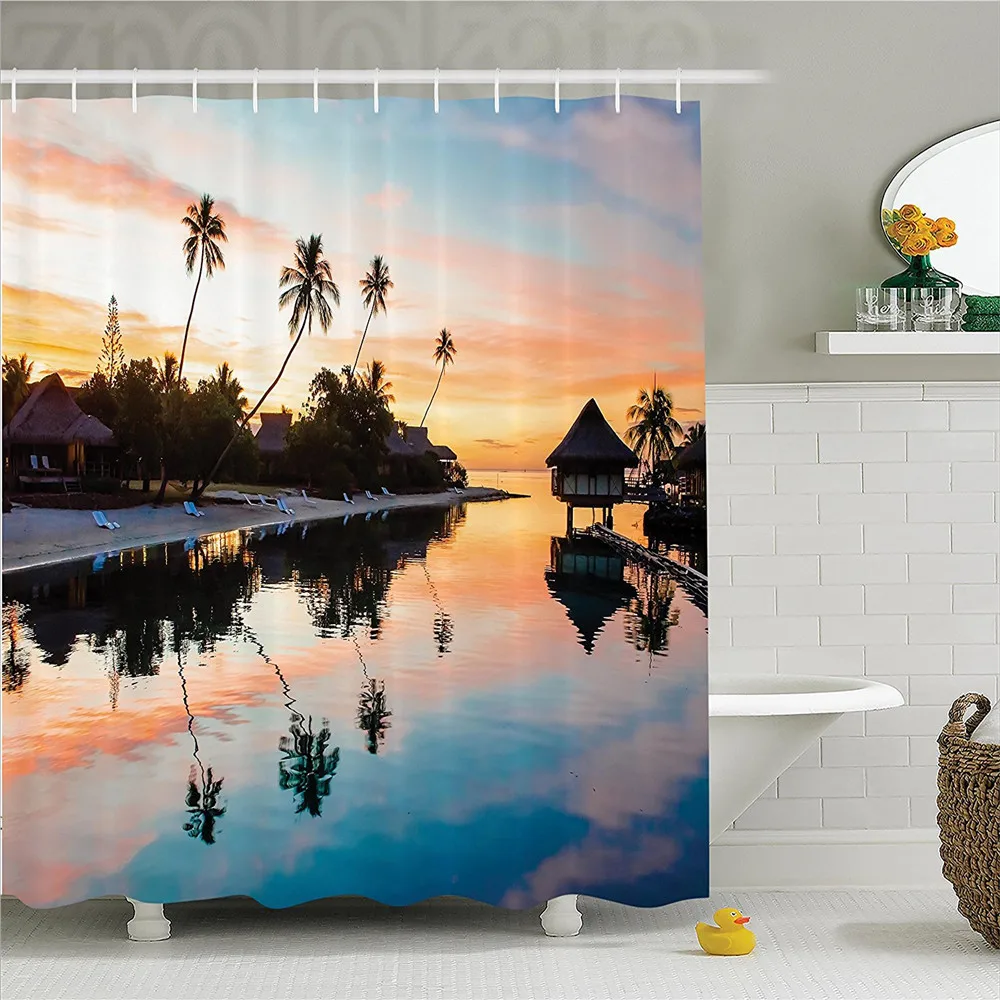 

Tropical Decor Shower Curtain Set Tropical Sunset At Moorea French Polynesia Reflection Resort Scenic Waterscape Bathroom Access