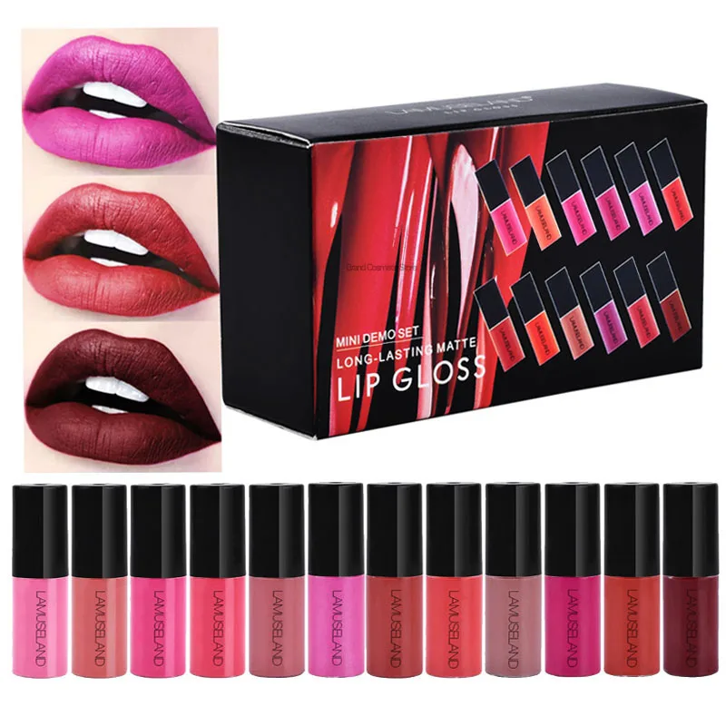 

12Pcs/Lot Travel Lip Kit Long-Lasting Waterproof Lipstick Matte Clear Glitter Lip Gloss Demo Set 12 Colors Lips Makeup Lip Tint
