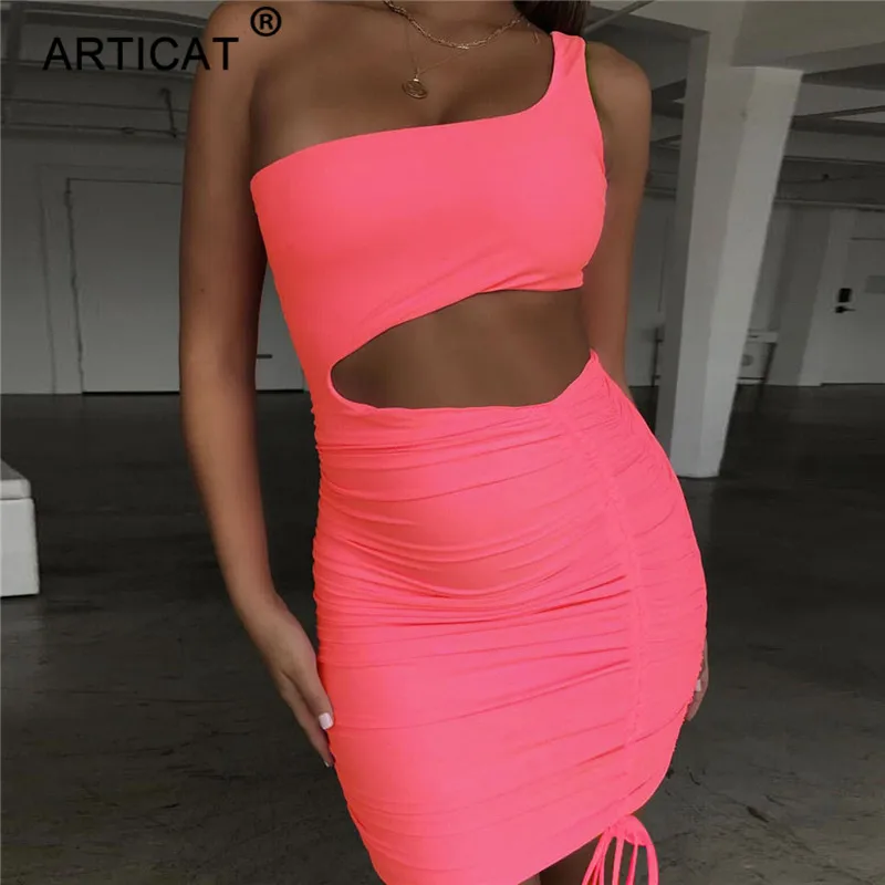 Articat/сексуальное летнее платье на одно плечо с вырезами; женское облегающее платье со складками и завязками; модное мини-платье с рюшами для вечеринок - Цвет: Pink