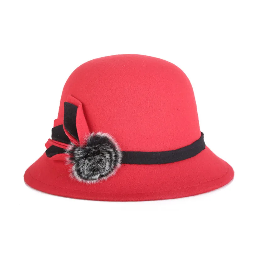 New Autumn Winter Faux Wool Fedoras Hats Women Solid With Floral Bowler