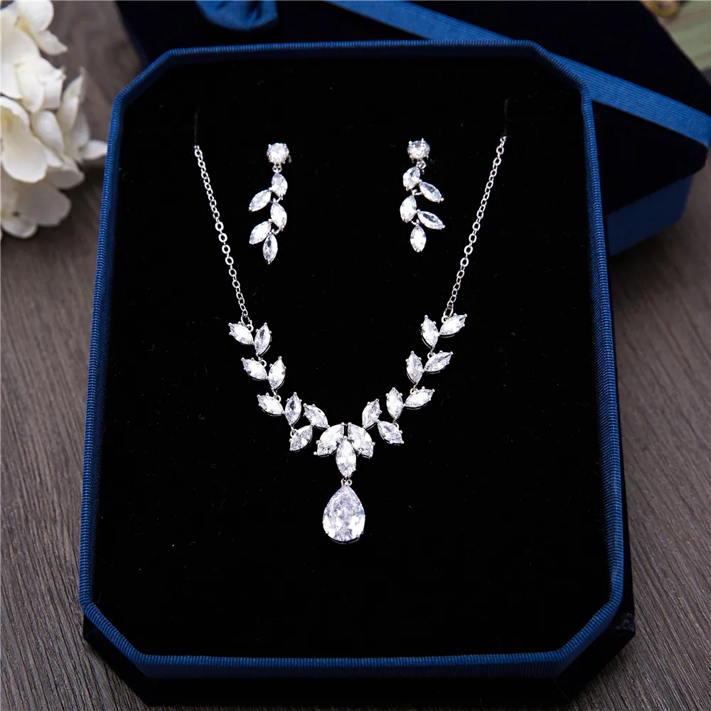 

New Women Cubic Zirconia Wedding Jewelry Sets Spring Summer Marquise Necklace Pendant Earrings Bride Accessories Charm Jewellry