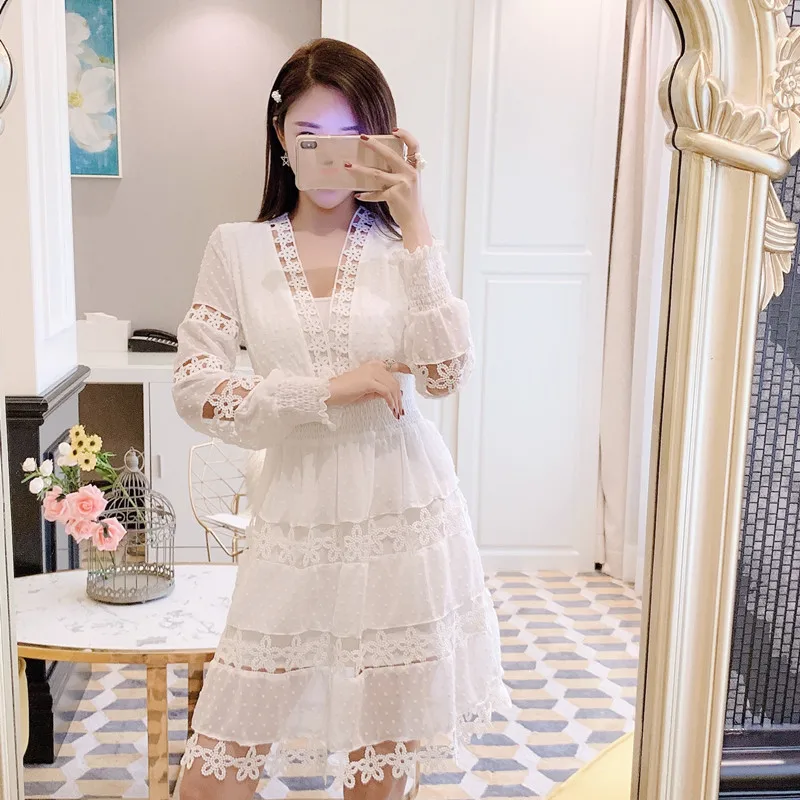 

BLLOCUE High Quality Spring Women Party Dress 2019 Designer Runway V-Neck Sexy Lace Hollow Out Holiday Beach Dress