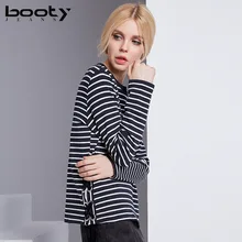 Bootyджинсы новая осенняя боковая поперечная полоса Классическая черно-белая полосатая футболка с длинными рукавами и круглым вырезом топы для женщин
