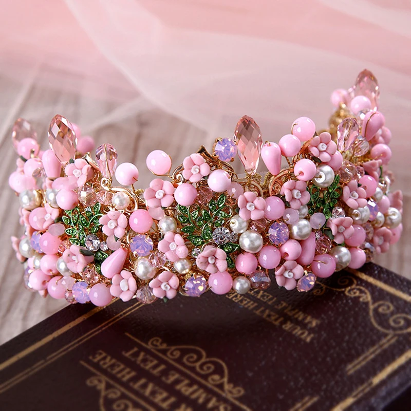 Himstory Милая Высококачественная розовая Цветочная корона тиара Ручная Керамическая жемчужина невесты корона вечернее платье аксессуары для волос