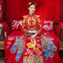 Высокое качество Королевский женский свадебный костюм китайское красное платье Чонсам с длинным рукавом изысканная вышивка феникс Qipao леди Hanfu одежда