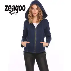 Zeagoo куртка с капюшоном с длинным рукавом на молнии Slim Fit Denim Для женщин w/Карманный