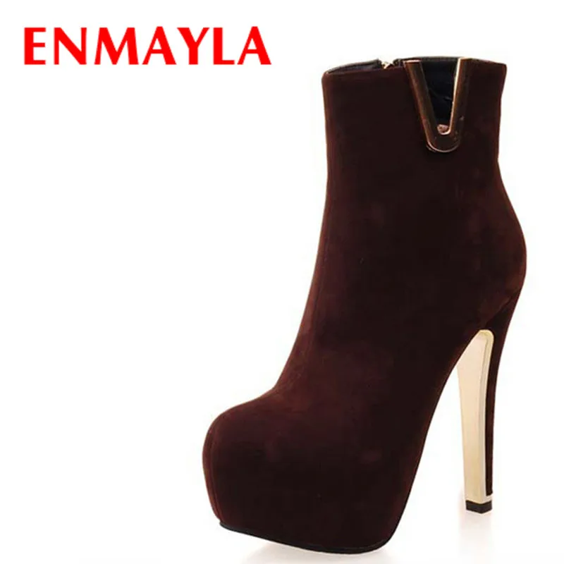

ENMAYLA Fashion High Heels Boots Sexy Buckle Straps Suede Ankle Boots for Women Round Toe Platform Short Fur Winter Shoes Boots