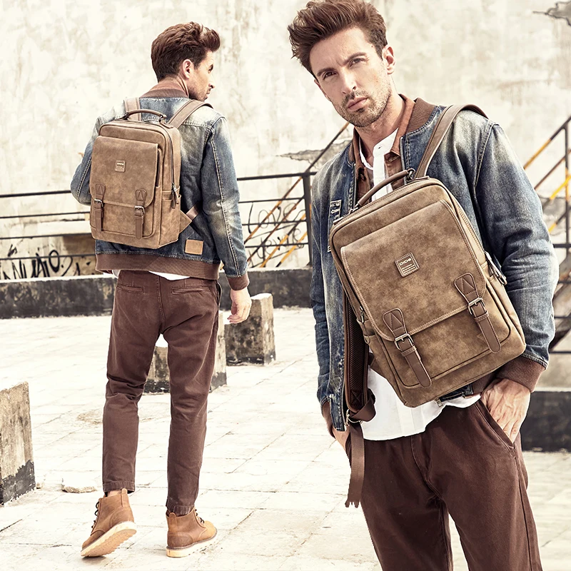 DIDE cuero Mochila portátil Mochila vendimia Mochila de viaje ocasional bolsa Preppy Mochila impermeable 15 pulgadas