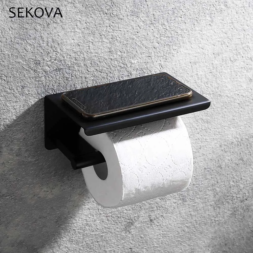 

Black Stainless Steel Toilet Paper Holder With Platform Rack Bathroom Wall Mounted Paper Roll Holder Double Toilet Paper Holder