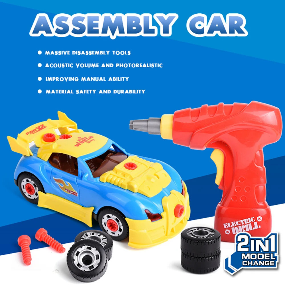 Boys Drill Toys Pretend Play Building Tools For 2 in 1 Modeling Assembly Car Kit With Sound Light Screw Construction Tool Toys