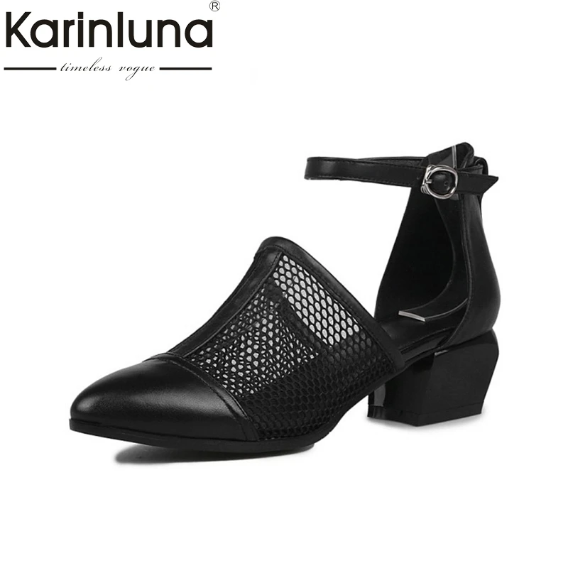 2017 Brand New Cut Outs Full Grain Leather Black Med Heels Women Shoes Woman Sandals Nature