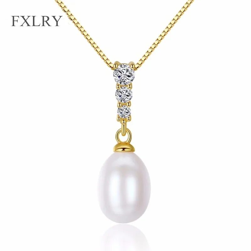 

FXLRY New S925 Sterling Silver Micro Paved Zircon Freshwater Natural Pearl Water Drop Dangle Necklaces For Women Fashion Jewelry