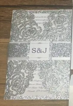 Очень элегантные лазерная резка Роза Золотая блестящая бумага Свадебная пригласительная открытка горячие продажи персонализировать королевской свадьбы карты для свадьбы - Цвет: glitter silver