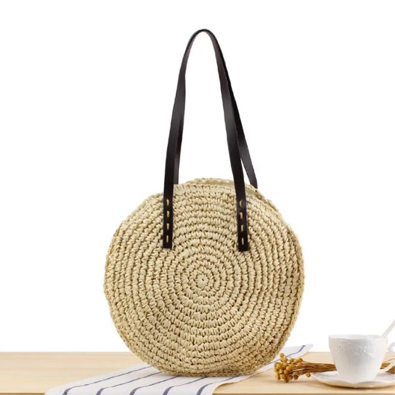 Round Straw Beach Bag Vintage Handmade Woven Shoulder Bag Raffia circle
