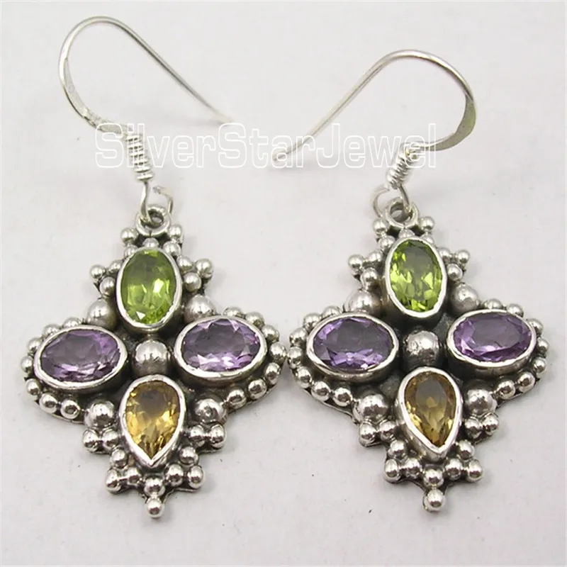 

.925 Silver MULTISTONES UNUSUAL ELEGANT Earrings 3.8CM Variation