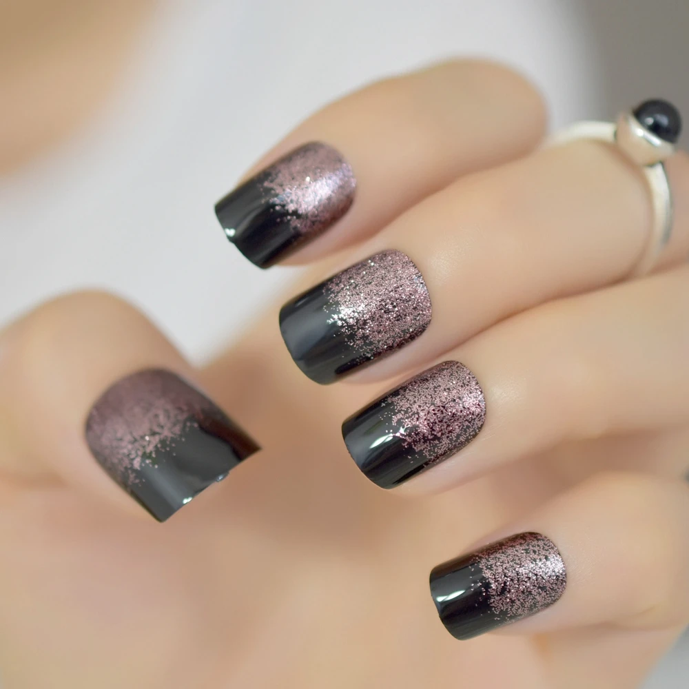 

Black Light Soft Coffee Brown Glitter French False Nail Square Head Shimmer Fake Nails Tips Bride Daily Office Summer Wear