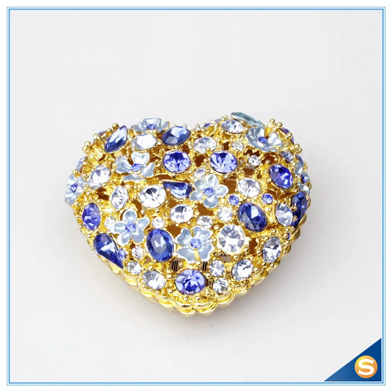 Wholesales Pewter Heart Shaped Jewelry Box Silver Crystal with Floral Flower Design Gift Box Storage Box