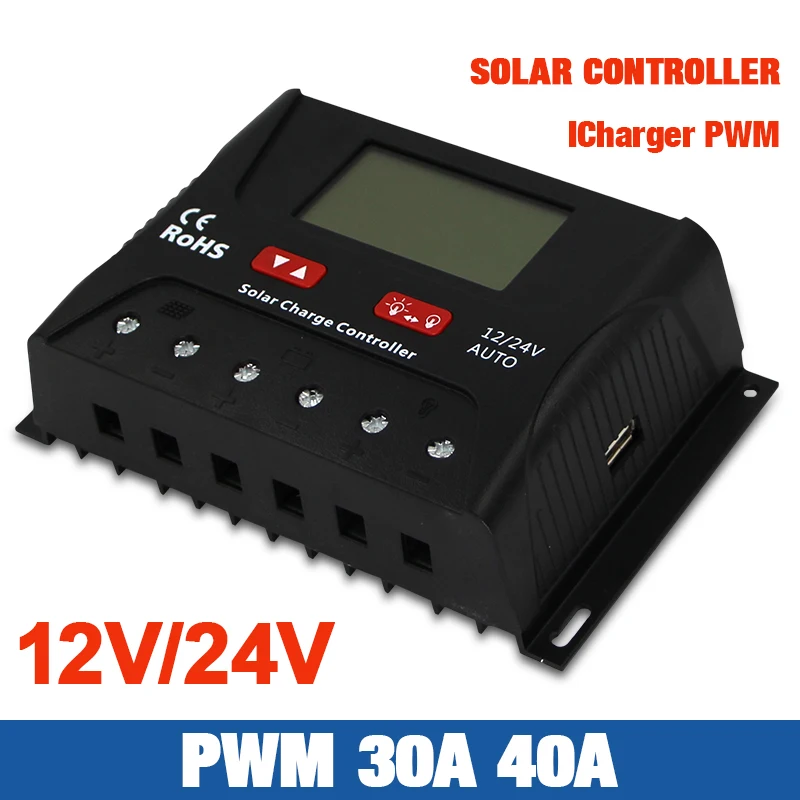Солнечный контроллер заряда 30A 40A ШИМ USB 5V регулятор напряжения ЖК дисплей 12V 24V