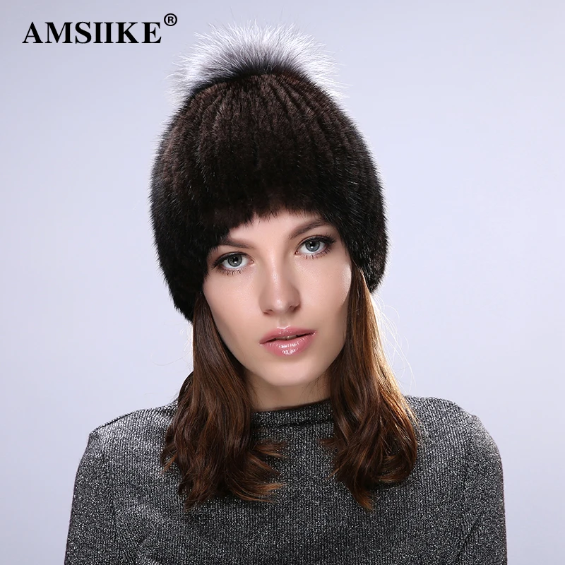 AMSIIKE женские шапки 2019 натуральный мех норки с серебряной лисой меховая шапка