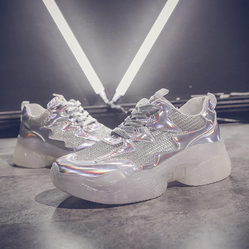 

Spring New Chunky Sneakers Harajuku Casual Dad Shoes Platform Sneakers Transparent Jelly Sole Breathable Mesh Patent Sneakers