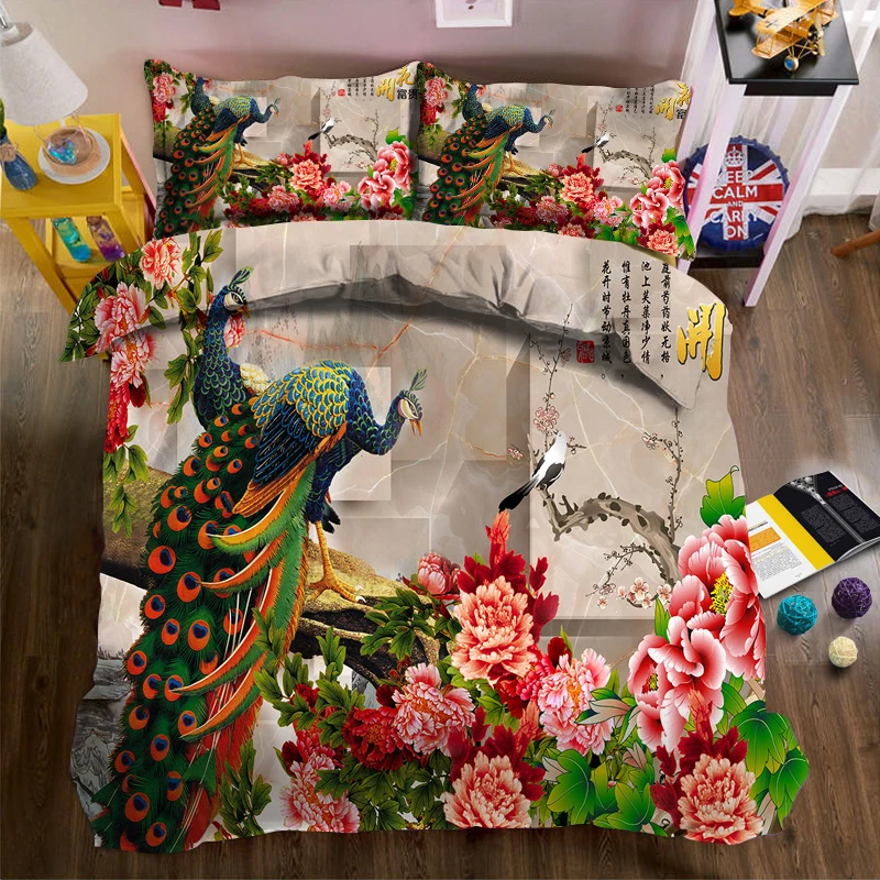 

Two peacocks with blooming flowers 3d effect photo bed linen can be customized photo pattern