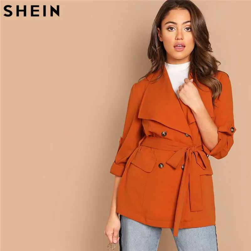 SHEIN Укороченный Плащ С Поясом И Пуговицами, Жакет С Длинным Рукавом, Легкое Двубортное Пальто