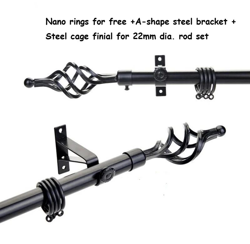 

High quality good loading capacity 22mm(7/8inch) diameter Single curtain rod set+paint long steel cage finial+metal brackets