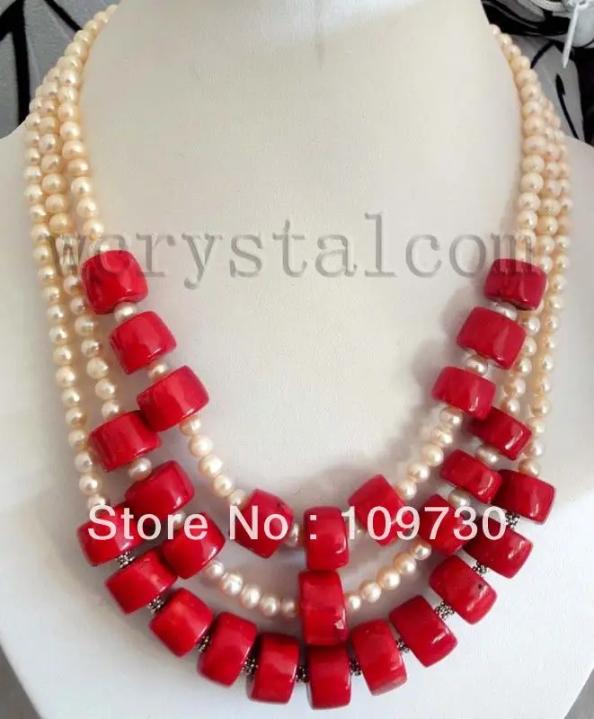 

Jewelry 0011881 3-row pink cultured pearls red coral necklace