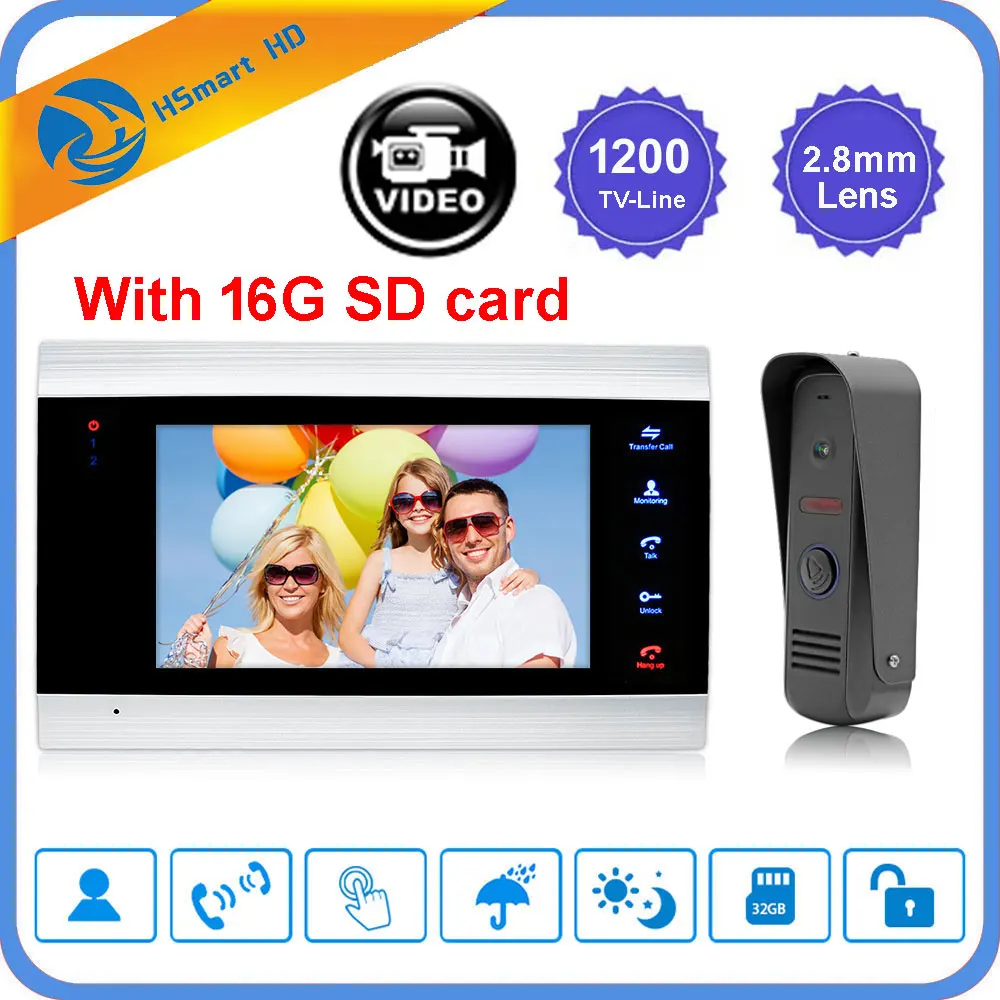 7 inch Touch Button HD Video Doorbell Intercom Waterproof Door Phone intercom 1 monitor +1 doorphone + 16G SD Card Free Shipping