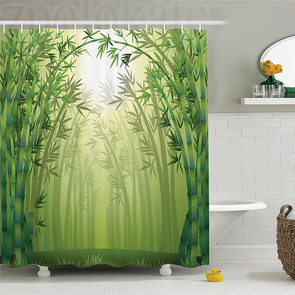 Bamboo Decor Shower Curtain Set Illustration of Bamboo Trees in Rain Forest Far Eastern Wildlife Tropical Nature Style Decor Bat