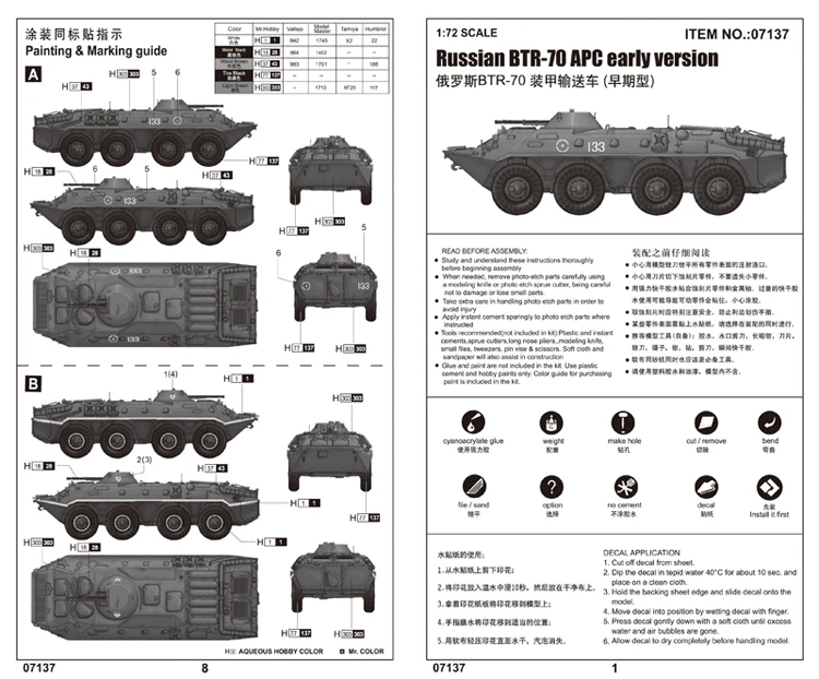 1: 72 масштабная модель танка, сборочный комплект для сборки танка, русская BTR-70, APC eранняя версия танка, DIY коллекция танков 07137