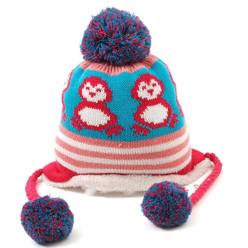 Милые красочные пингвин с вельветовыми вставками Кепка, теплая зимняя вязаный комплект шапка для малышей детский спортивный Кепки - Цвет: peach