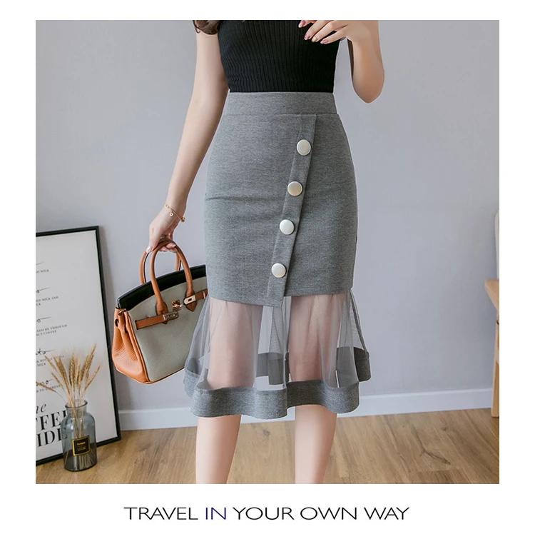 S-5XL New Women Skirt High waist Mesh patchwork Mermaid Skirt Slim Sexy Pencil Skirt Elegant button Office Ladies Skirts