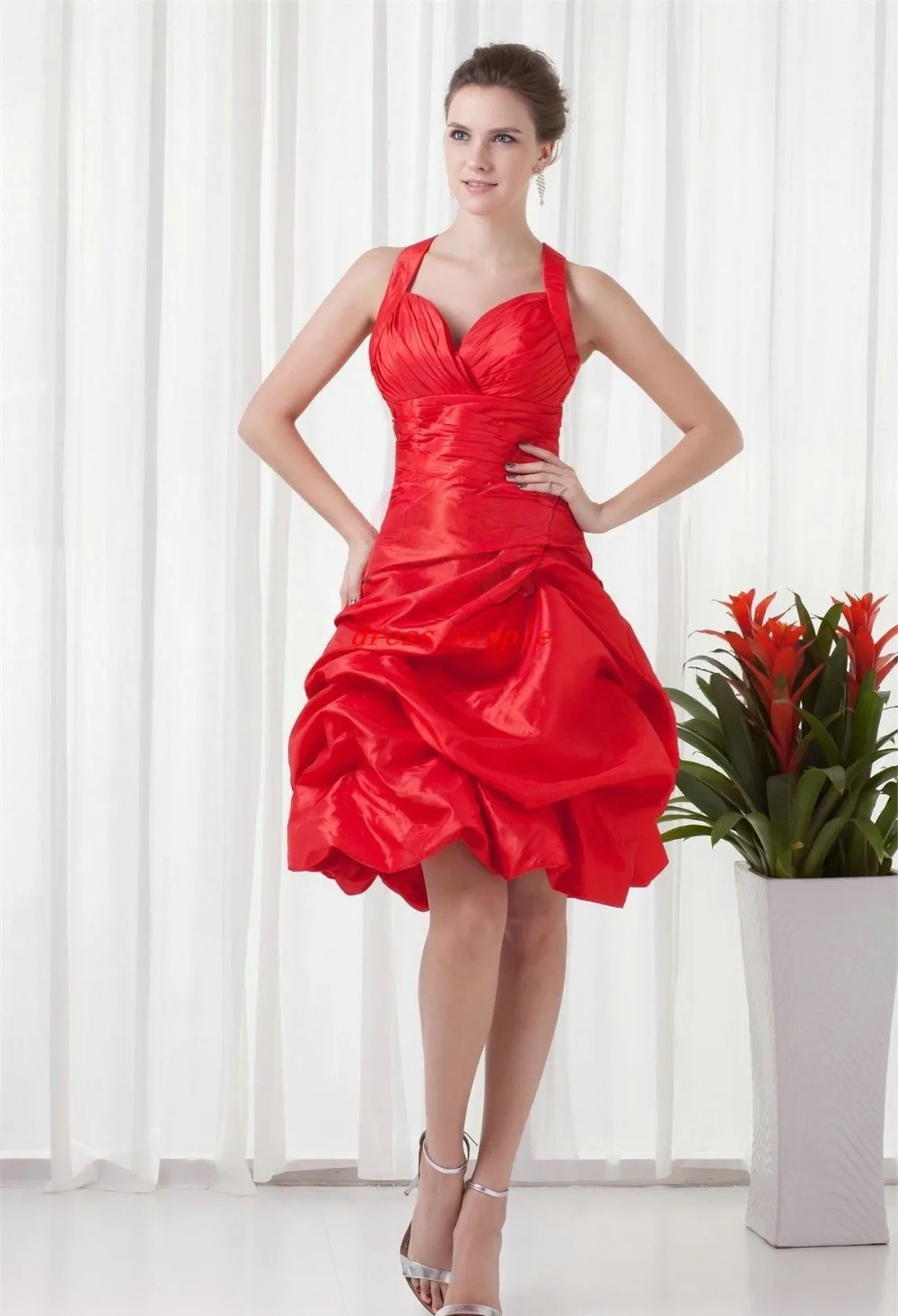 Newest Red Ball gowns natrual pleat halter taffeta off shoulder
