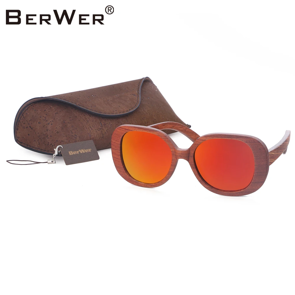 

BerWer Retro red Wooden Sunglasses With red Polarized Lens And Fashion Design Wooden Frame Dropshipping with cork case