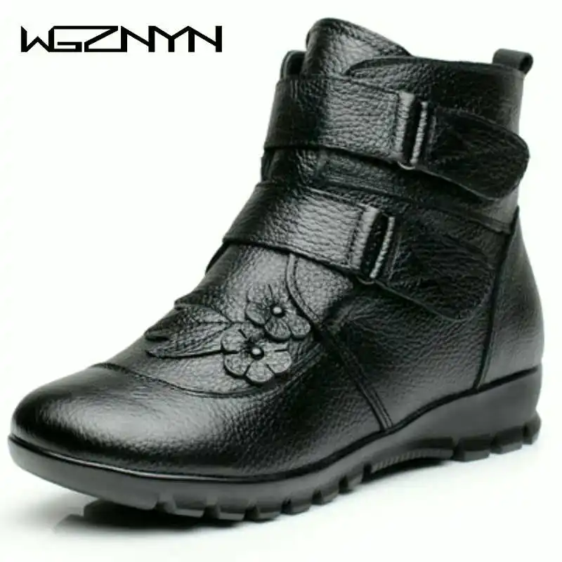

NEW Fashion Winter Genuine Leather Ladies Ankle Boots Women Flat Flower Waterproof Warm Cow Leather Short Snow Boots Woman W605