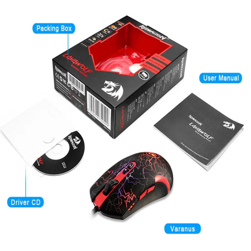 Wired Redragon M701 Lavawolf 6400DPI Optical Gaming Mouse 7 Programmable Buttons LED Professional Gaming Mouse 40AP1501