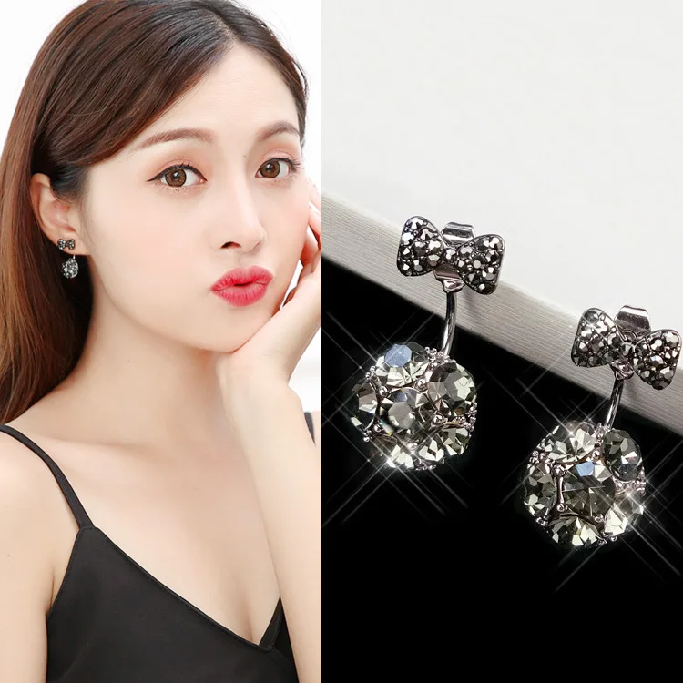 Black Bow girl stud earrings synthetic crystal earrings ladies two